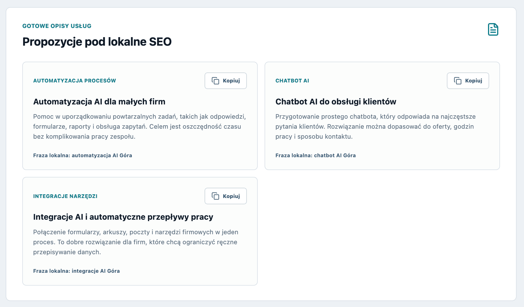 Fragment dashboardu aplikacji Lokalny Audyt AI
