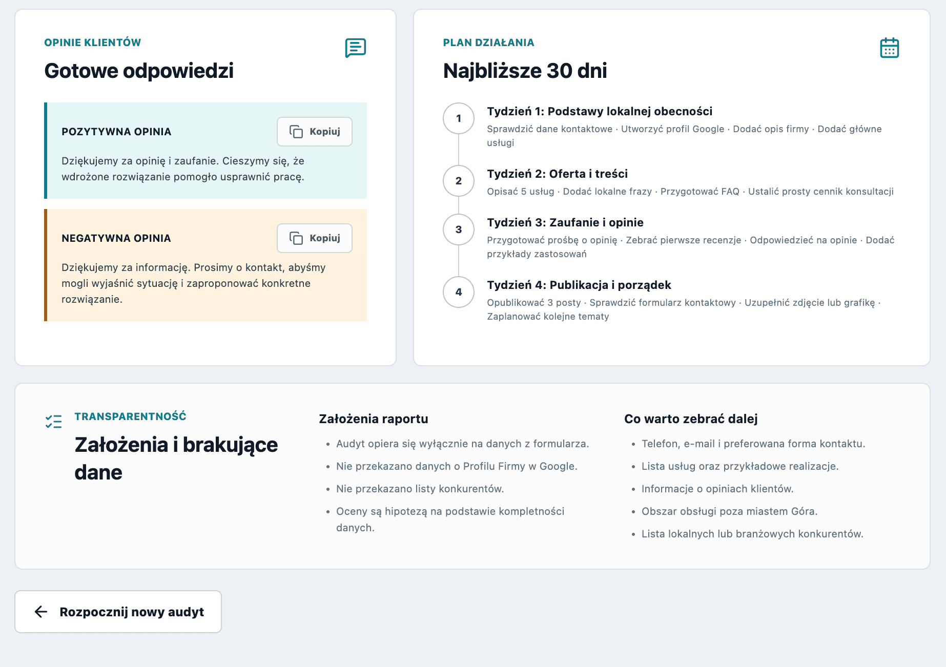 Widok materiałów do publikacji w aplikacji Lokalny Audyt AI