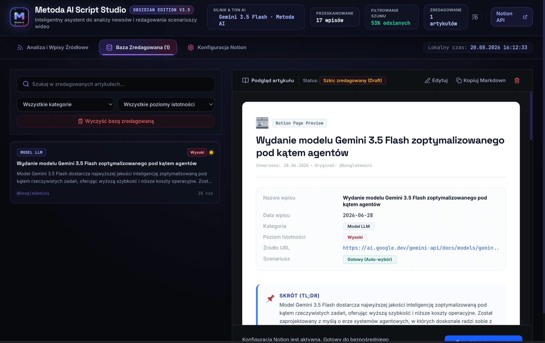 Metoda AI Script Studio — baza zredagowanych wpisów i podgląd strony Notion